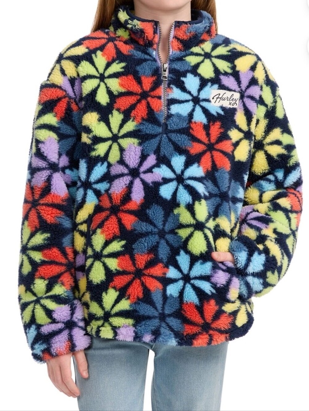 Hurley Navy Floral Fuzzy Half-Zip Jacket - Multicolor Flowers